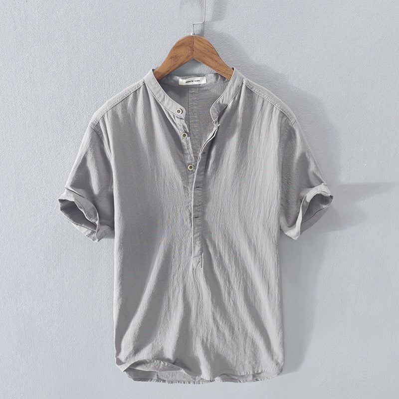 Lightweight men's grey cotton linen tee, a comfortable and stylish addition to any summer wardrobe.