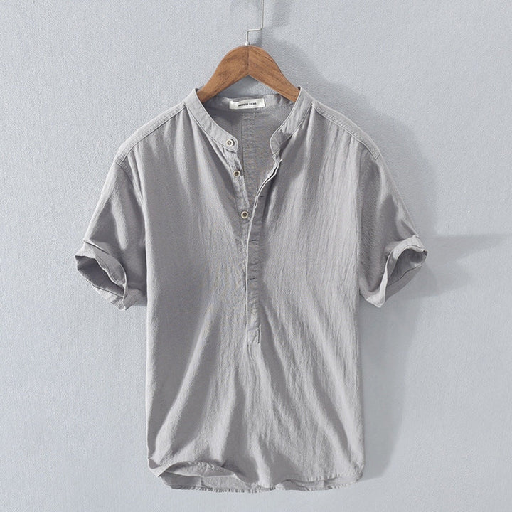 Lightweight men's grey cotton linen tee, a comfortable and stylish addition to any summer wardrobe.