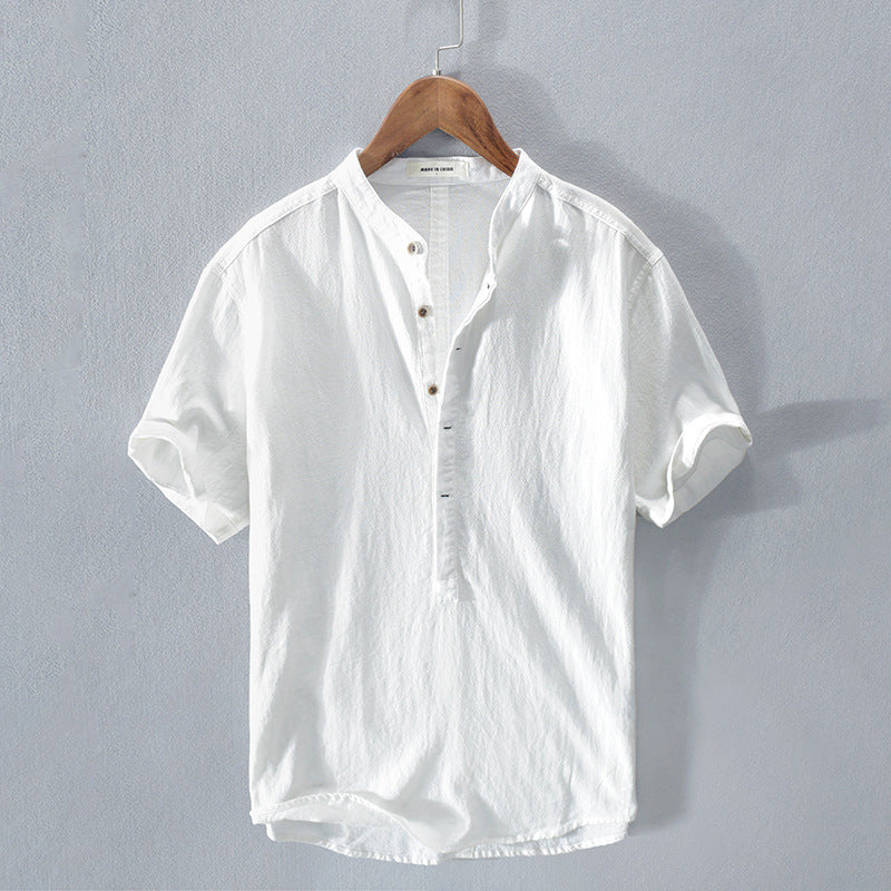 Casual men's cotton linen blend shirt in a neutral color, offering breathable comfort and a relaxed fit.