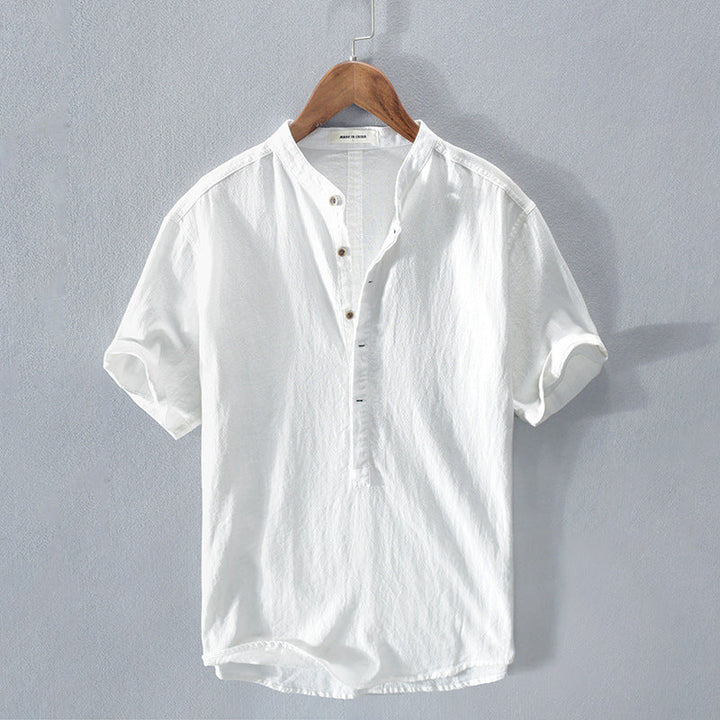 Casual men's cotton linen blend shirt in a neutral color, offering breathable comfort and a relaxed fit.