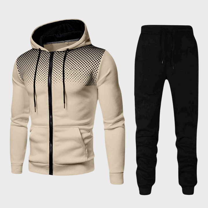 Full view of a men's tracksuit set, including a long-sleeved hoodie and tapered joggers, in a neutral tone.