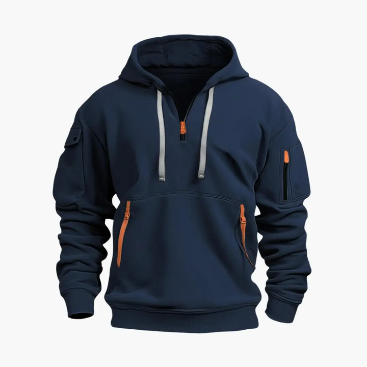Men's casual half-zip hoodie with secure zipped pockets and adjustable hood, perfect for loungewear.