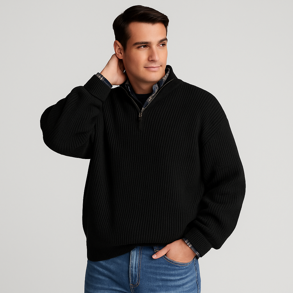Stylish men's half zip long sleeve knitwear sweater in a neutral grey, ideal for casual outfits.