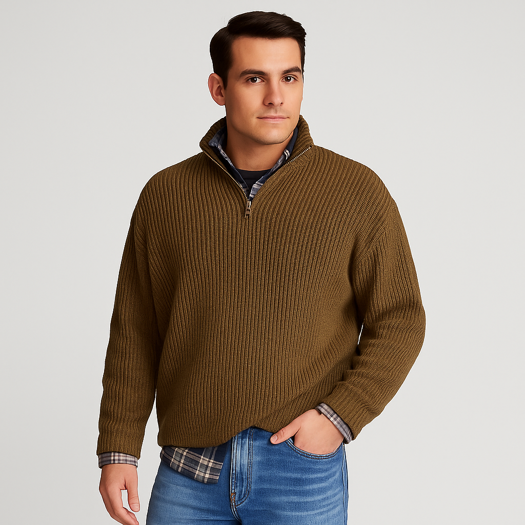 Comfortable men's long sleeve half zip knitwear, suitable for layering in various casual settings.