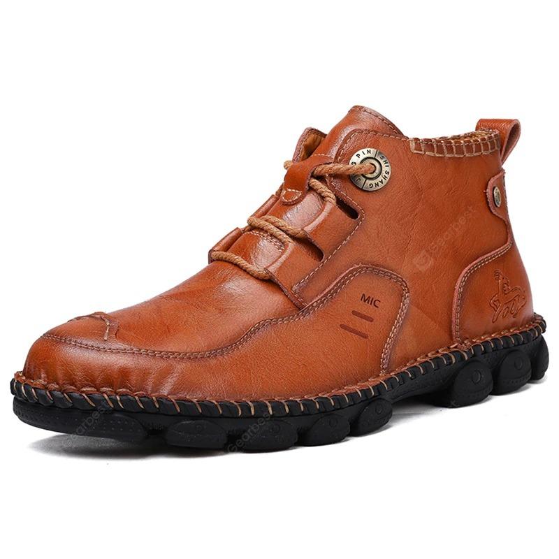 Men's casual hand stitched leather boots, classic round toe design, comfortable and durable all season footwear