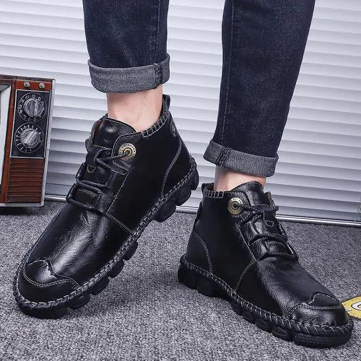 Image of men's casual leather boots, emphasizing the quality and artisan hand-stitched details