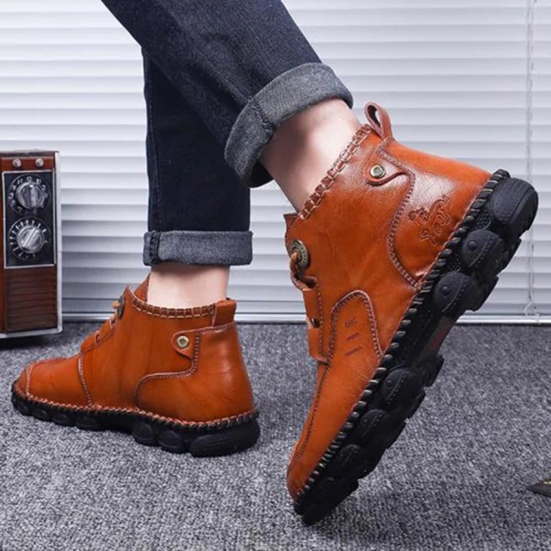 Top-down view of men's casual leather boots, showing the footwear's full design and durable construction