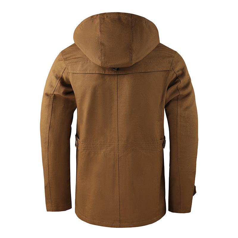 Khaki hooded men's jacket, an essential for casual fall fashion and effective weather resistance.