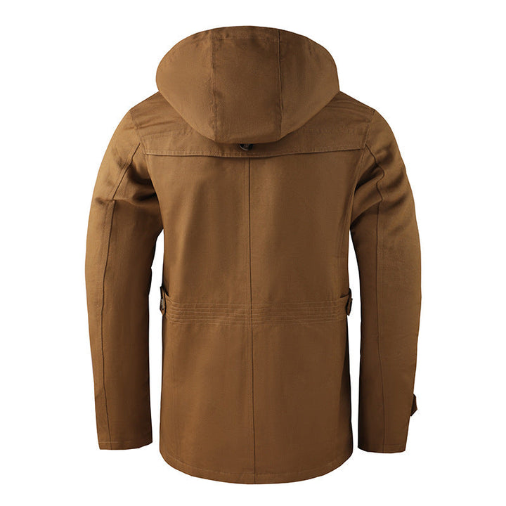 Khaki hooded men's jacket, an essential for casual fall fashion and effective weather resistance.