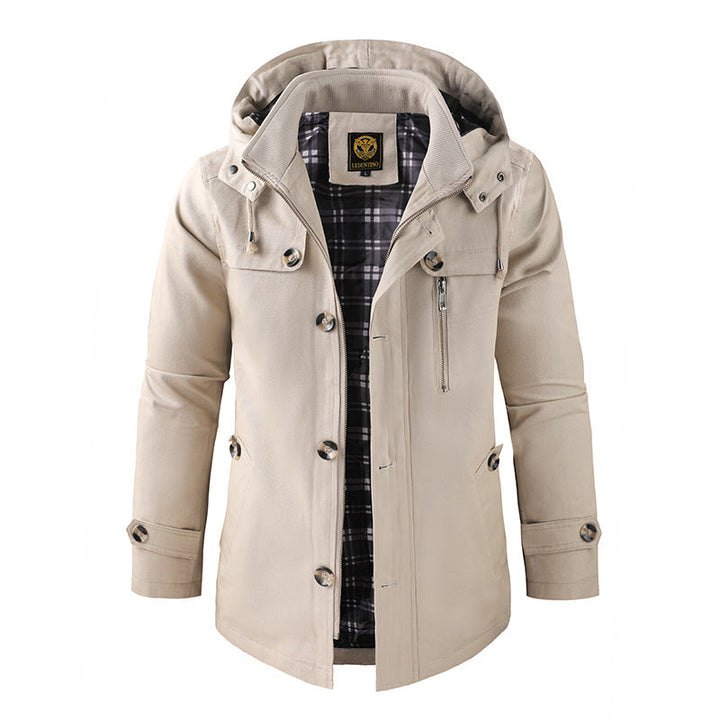 Stylish men's casual hooded coat, available in brown, black, and khaki for all seasons.