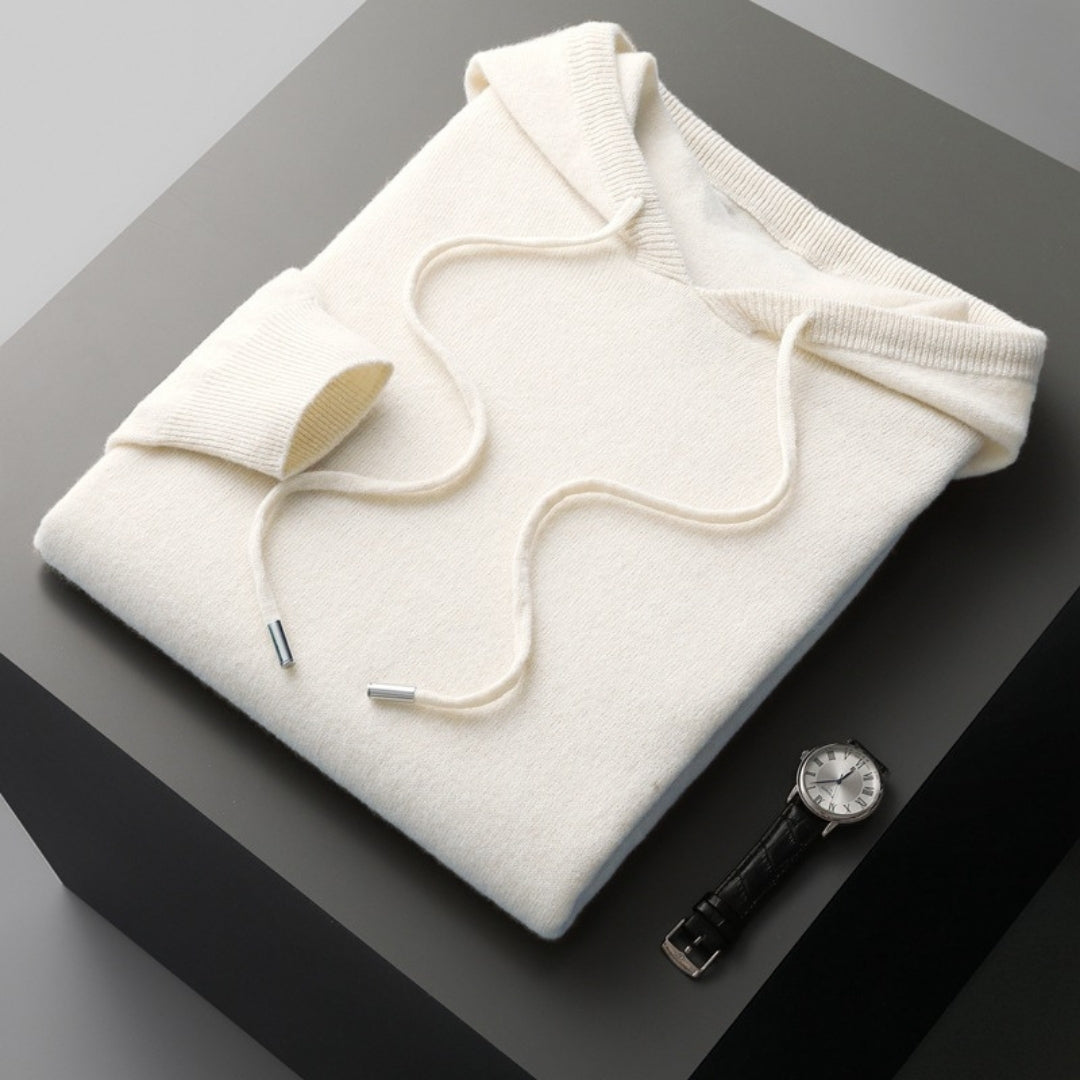 Stylish men's hooded knit pullover, ideal for casual comfort and modern mens fashion.