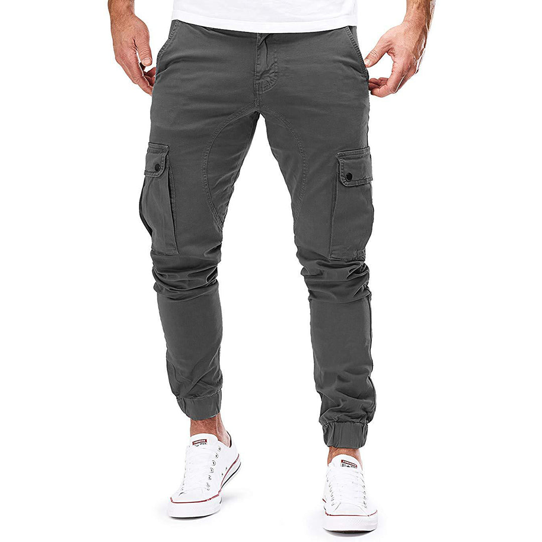 Men's casual khaki cargo trousers with multiple utility pockets, comfortable fit