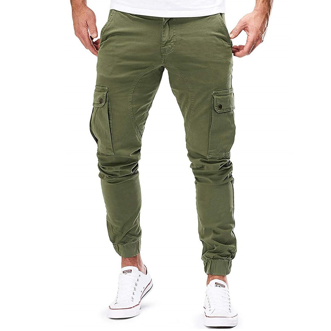 Folded stack of men's cargo trousers in various colors: green, beige, and navy