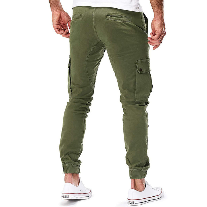 Rear view of men's cargo trousers, highlighting back flap pockets and comfortable design