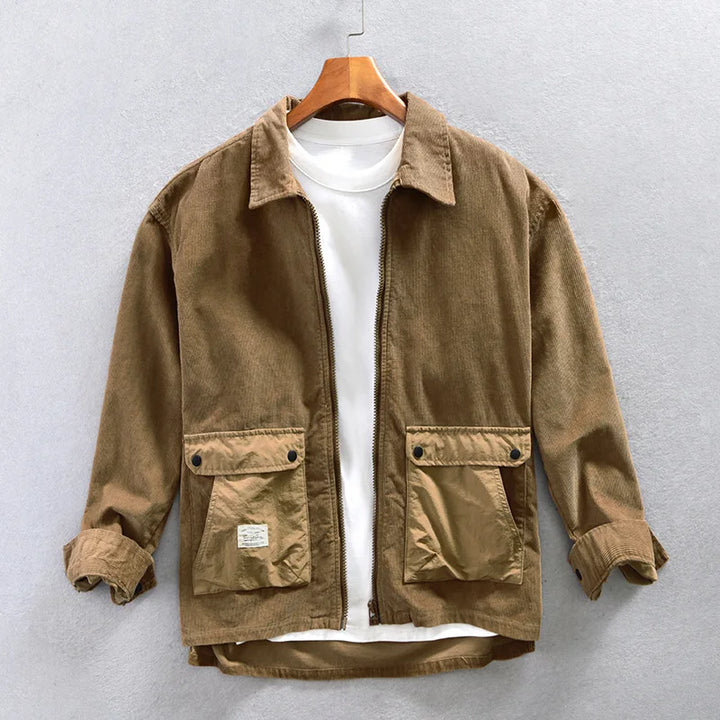 Men's casual khaki corduroy zip-up jacket, perfect for fall fashion outerwear, shown on a mannequin.