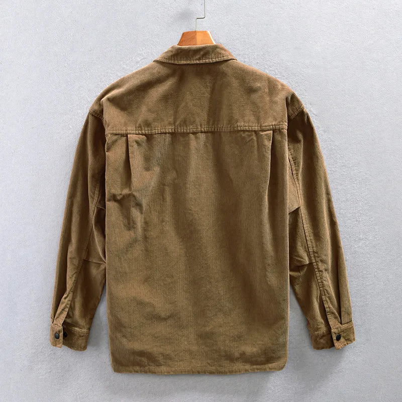 Front view of a zip-up men's corduroy jacket in khaki, showcasing its texture and casual style.