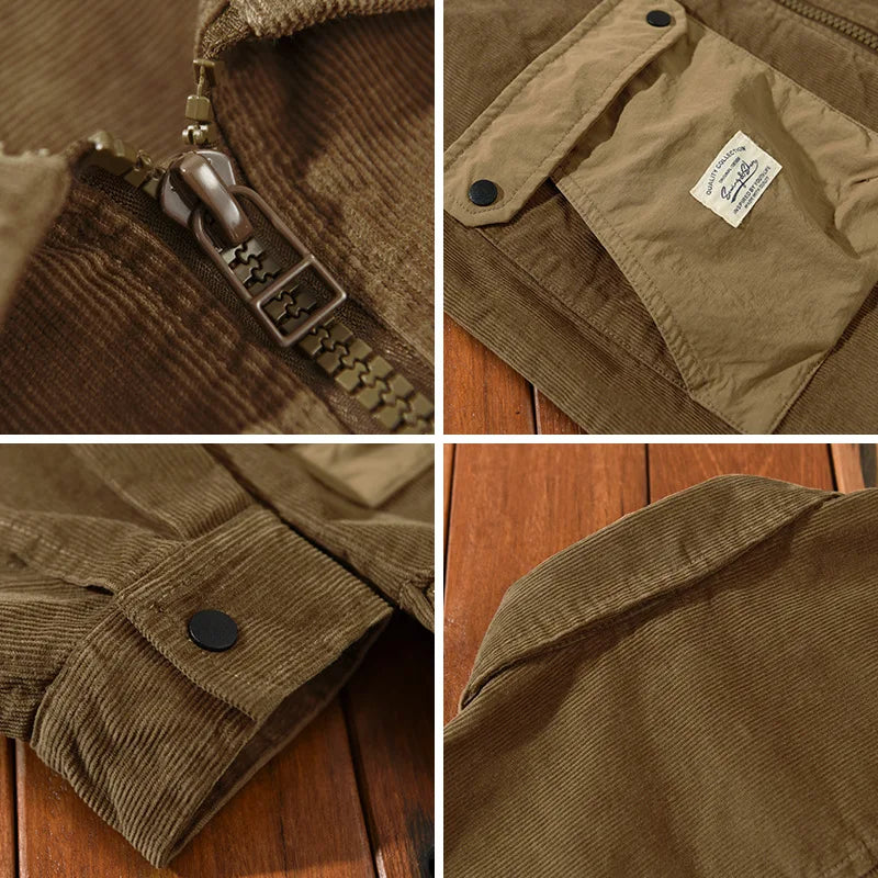 Close-up of the corduroy fabric on a men's black casual jacket, highlighting the quality and detail.
