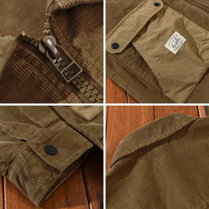 Close-up of the corduroy fabric on a men's black casual jacket, highlighting the quality and detail.