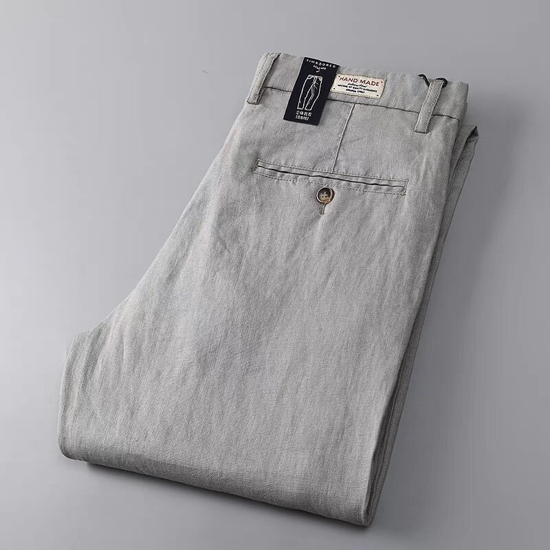 Men's casual khaki linen blend trousers, breathable & comfortable for summer wear