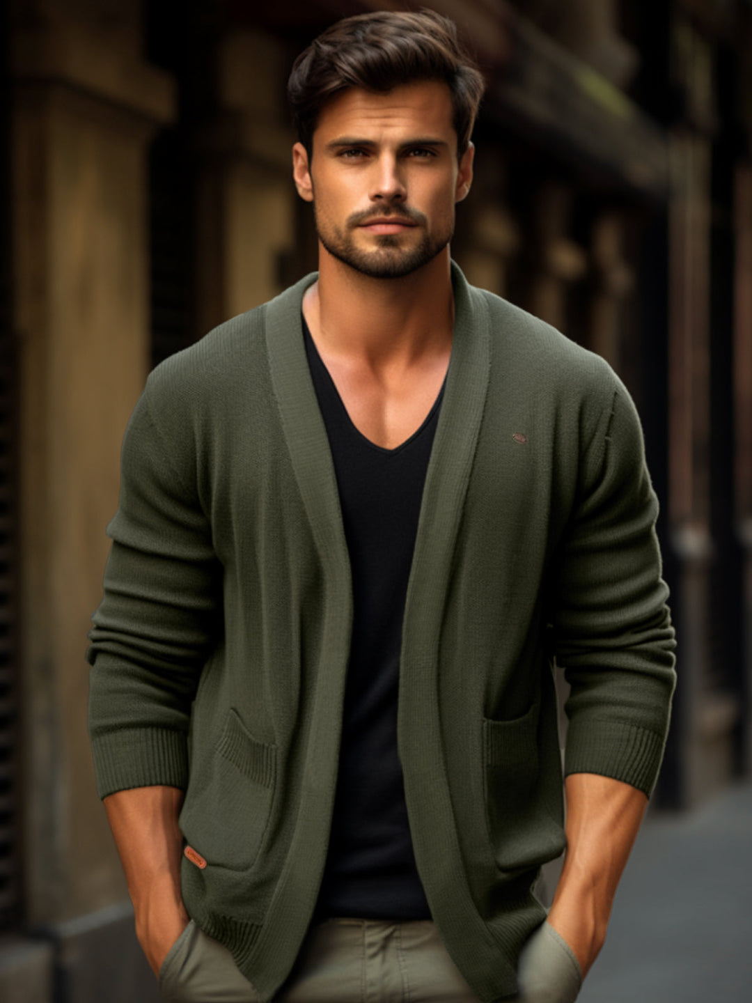 Men's knit open-front cardigan in a rich navy blue, an essential layering piece for his wardrobe.