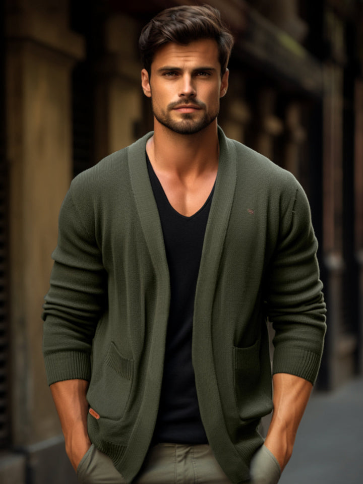 Men's knit open-front cardigan in a rich navy blue, an essential layering piece for his wardrobe.