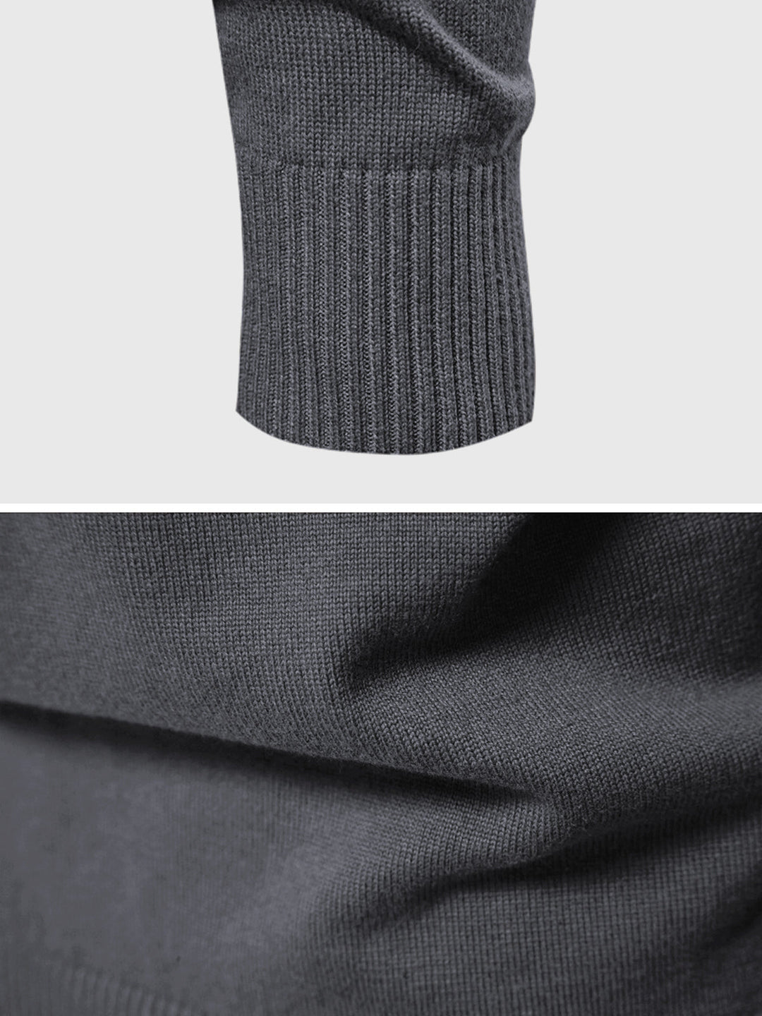 Detail shot of the long sleeve and cuff of a men's casual knit cardigan, highlighting the stitching.