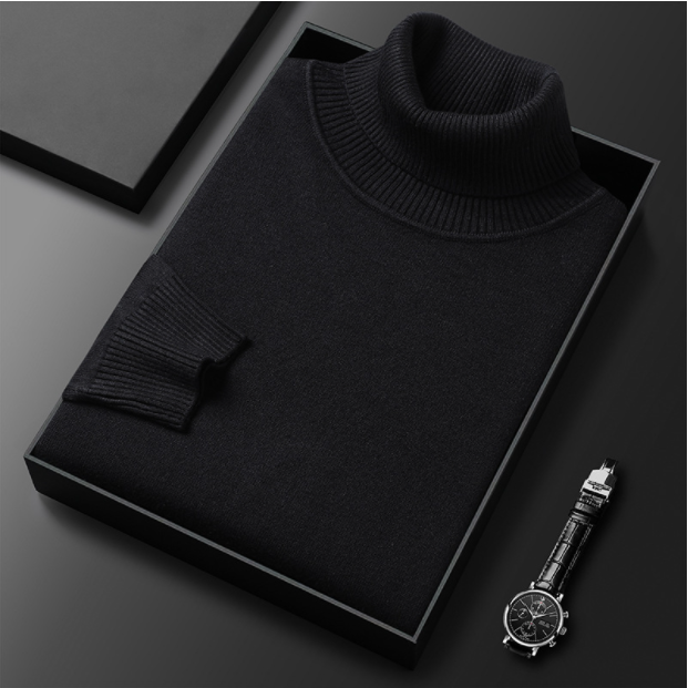 Close-up of the knit texture on a men's long sleeve turtleneck sweater, smart casual.