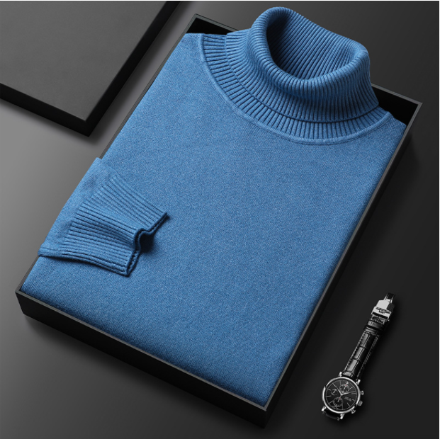 Detailed view of the turtleneck collar on a men's casual knit sweater, spring fashion.
