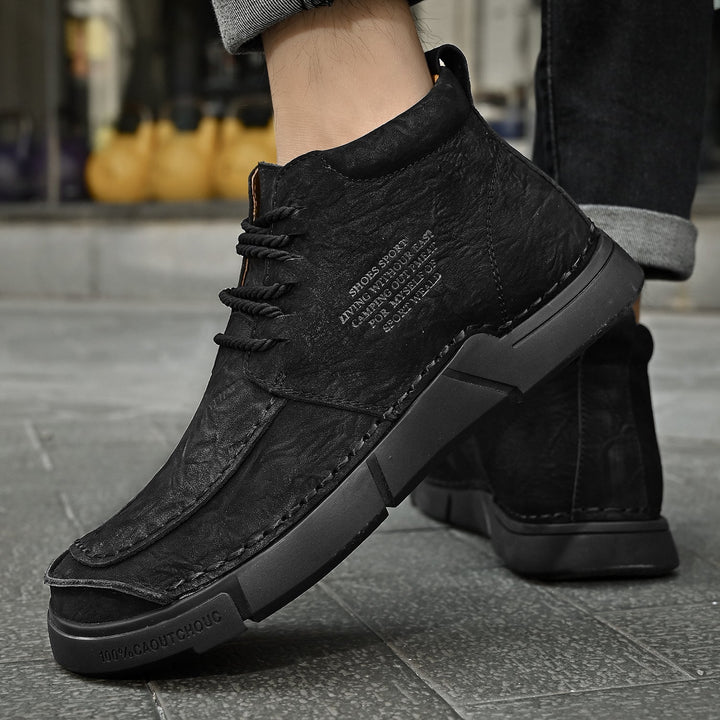 Durable men's high-top winter boots, high-quality leather with a soft sole for warmth.
