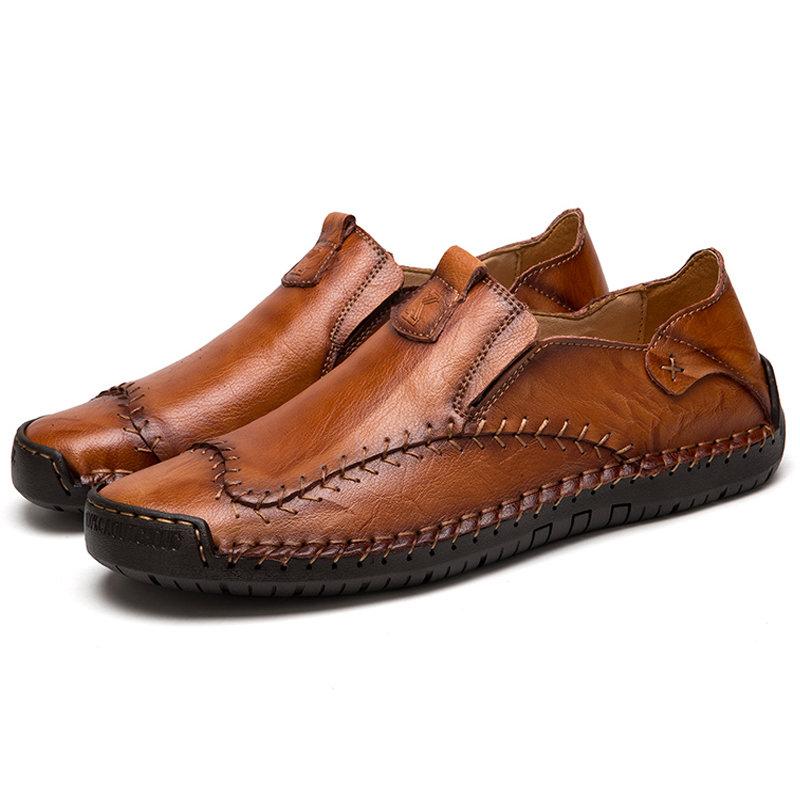 Close-up of men's genuine leather casual shoes, showcasing the intricate hand-stitched detailing