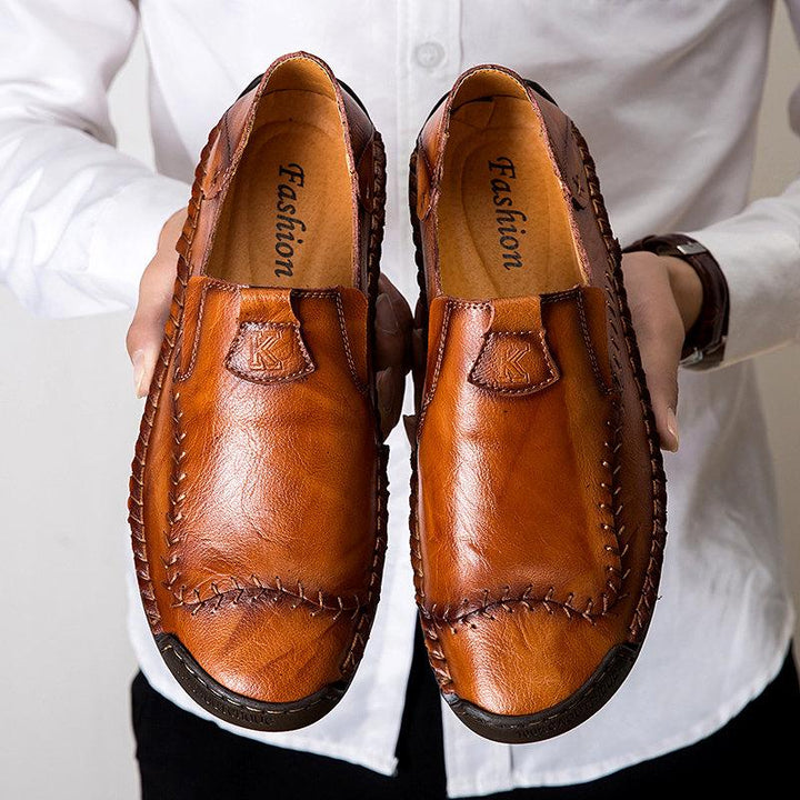 View from above of men's casual genuine leather shoes, highlighting their hand-stitched craftsmanship