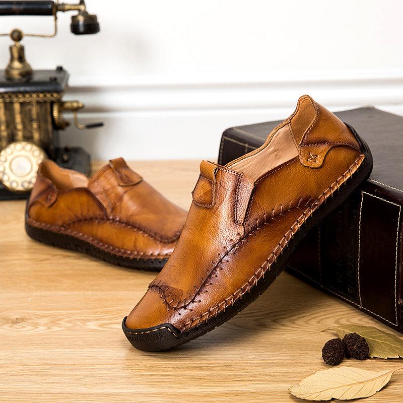 Men's casual footwear: hand-stitched leather shoes with a flexible, soft sole for all-day wear