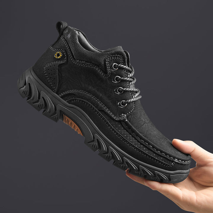 Orthopedic men's outdoor footwear: casual short leather boots, anti-fatigue