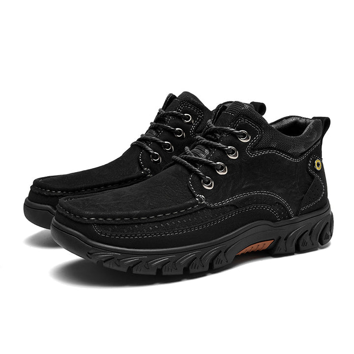 Detailed textile of men's leather casual short boots, quality craftsmanship