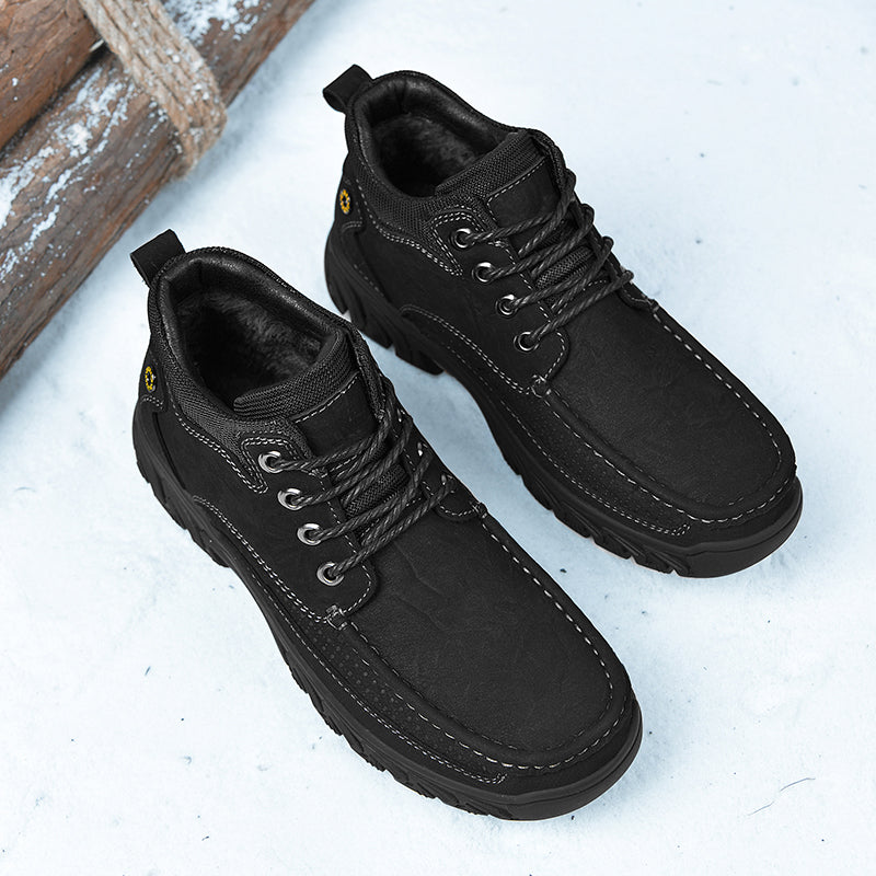 Close-up of the tread on men's leather snow boots, superior traction