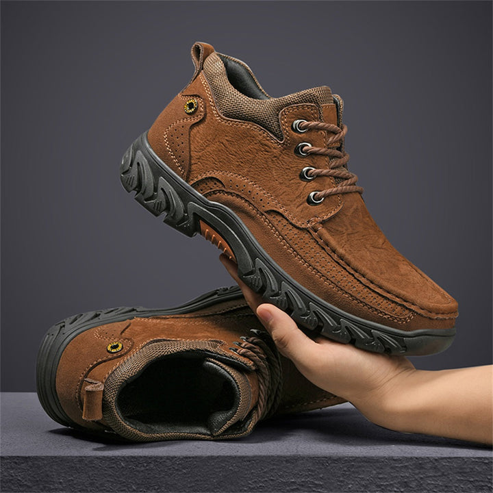 Top view of men's casual leather boots for snow and work, durable design