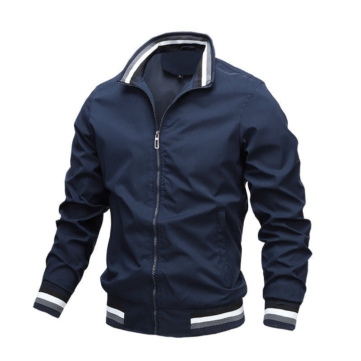 Front view of a men's casual zipper bomber jacket, ideal lightweight outerwear for men.