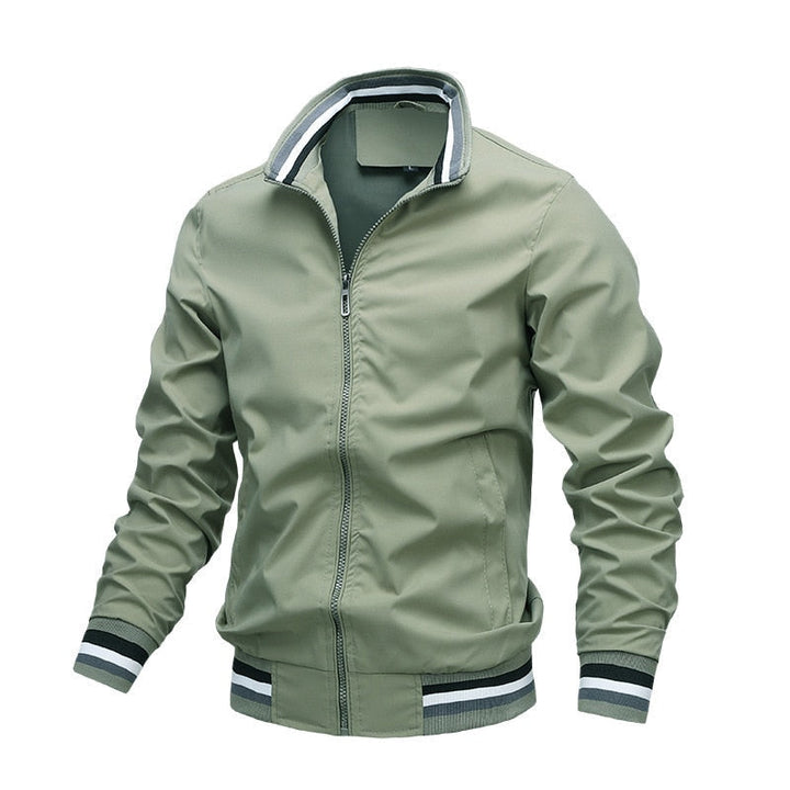 Back view of a men's lightweight bomber jacket, a stylish and casual spring/fall outerwear piece.