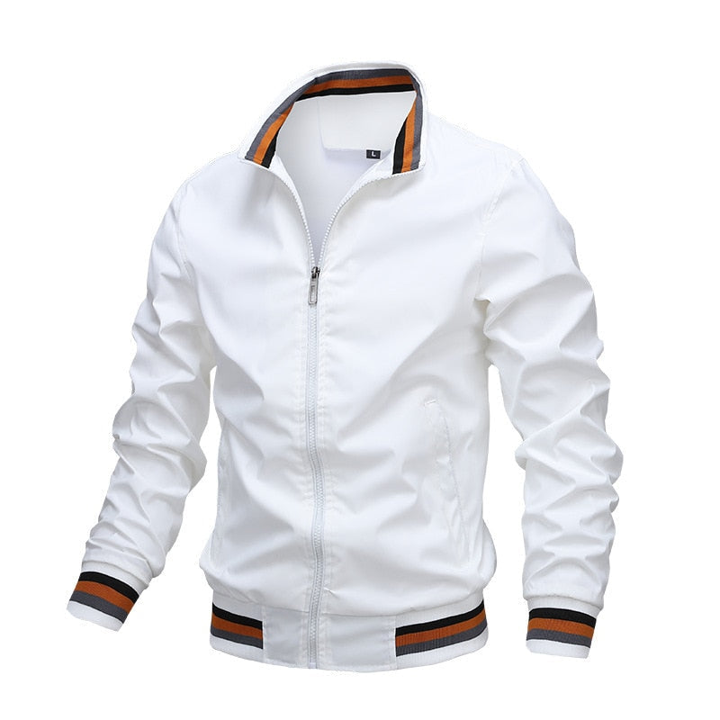 Close-up of the zipper on a men's casual bomber jacket, showcasing quality outerwear detail.