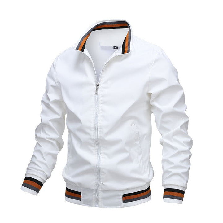 Close-up of the zipper on a men's casual bomber jacket, showcasing quality outerwear detail.