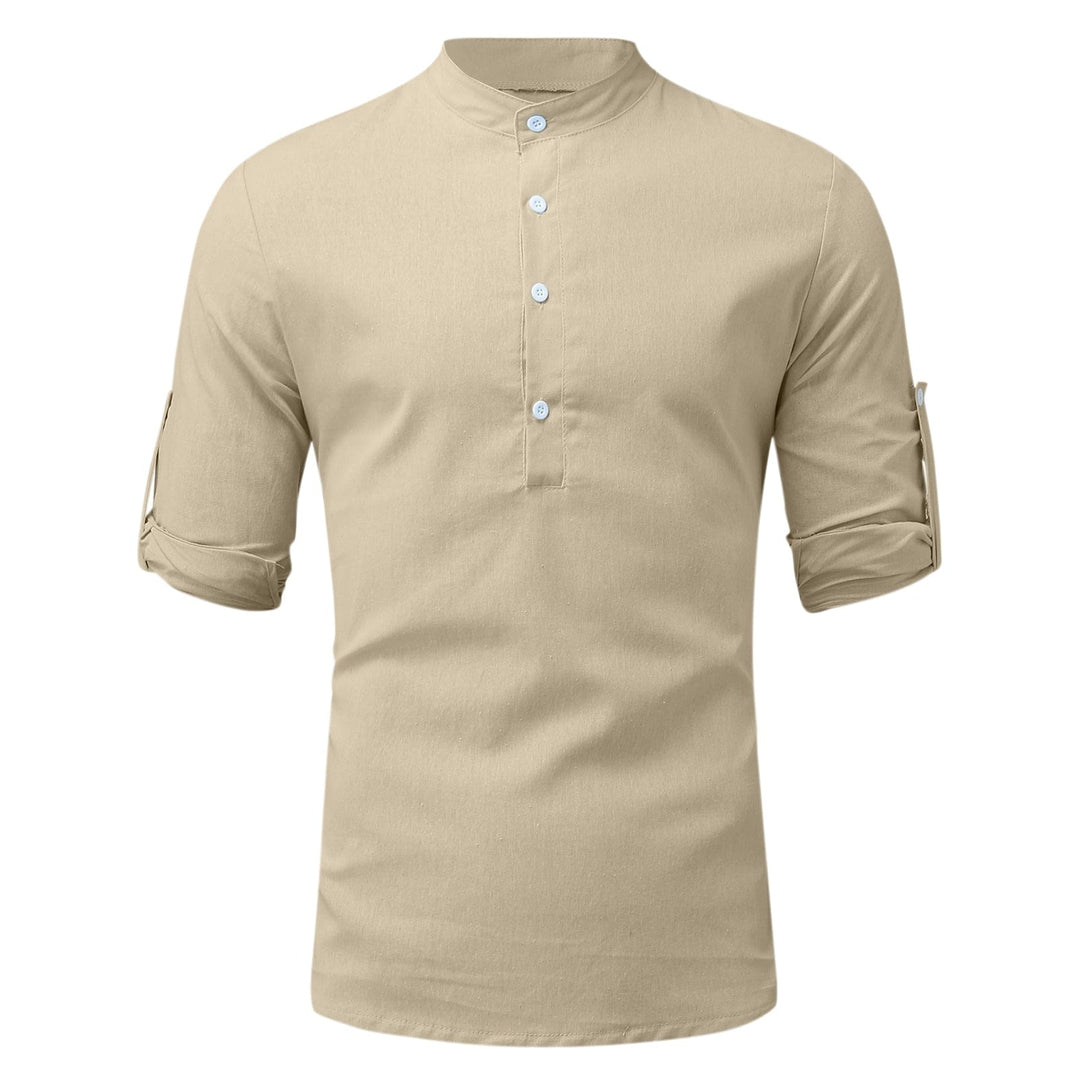 Stylish man wearing a long-sleeve men's linen blend shirt, ideal for casual and comfortable wear