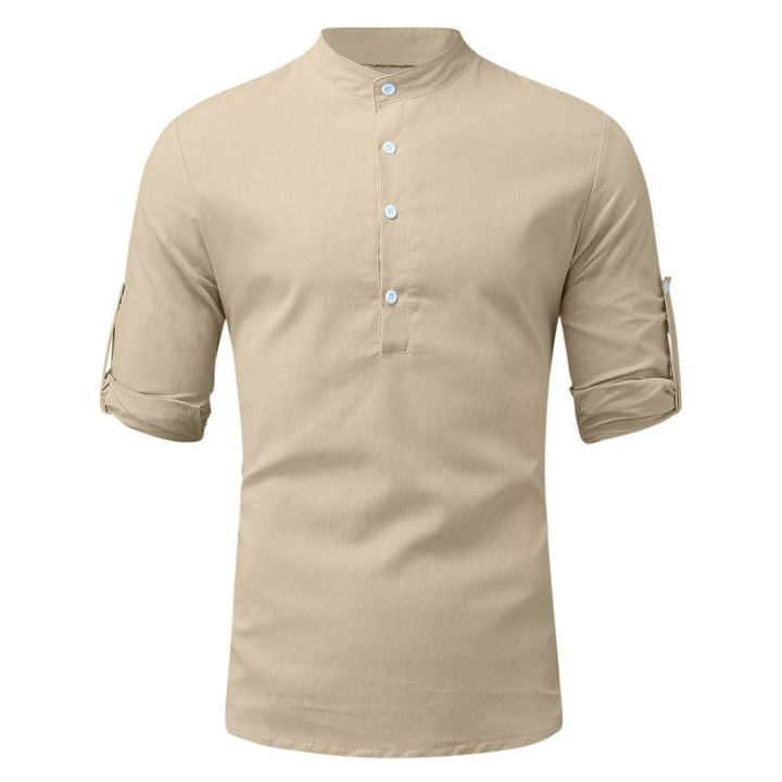 Stylish man wearing a long-sleeve men's linen blend shirt, ideal for casual and comfortable wear