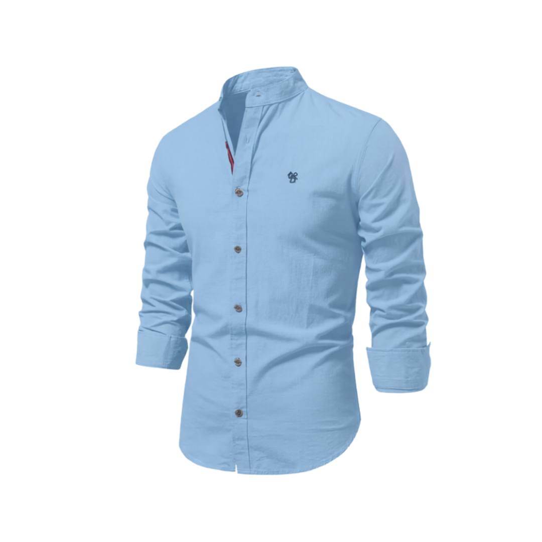 Folded men's long sleeve button-down shirt, ready for spring travel, casual and comfortable.
