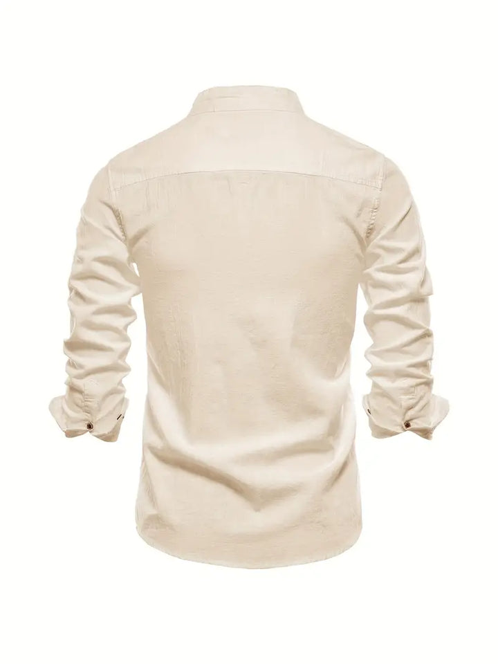 Full view of a men's casual button-down shirt in a subtle green, suitable for spring everyday wear.