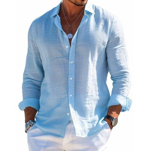 Everyday men's collared long sleeve casual button-up shirt, comfortable regular fit for versatile summer wear.