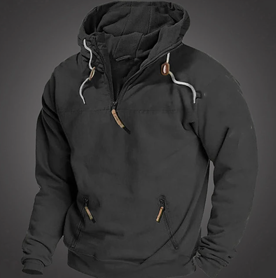 Full view of a men's casual long sleeve hoodie, featuring a half-zip design for comfortable wear
