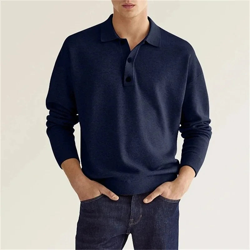 Close-up of a men's versatile long sleeve knit polo shirt in a neutral color, showcasing knit texture