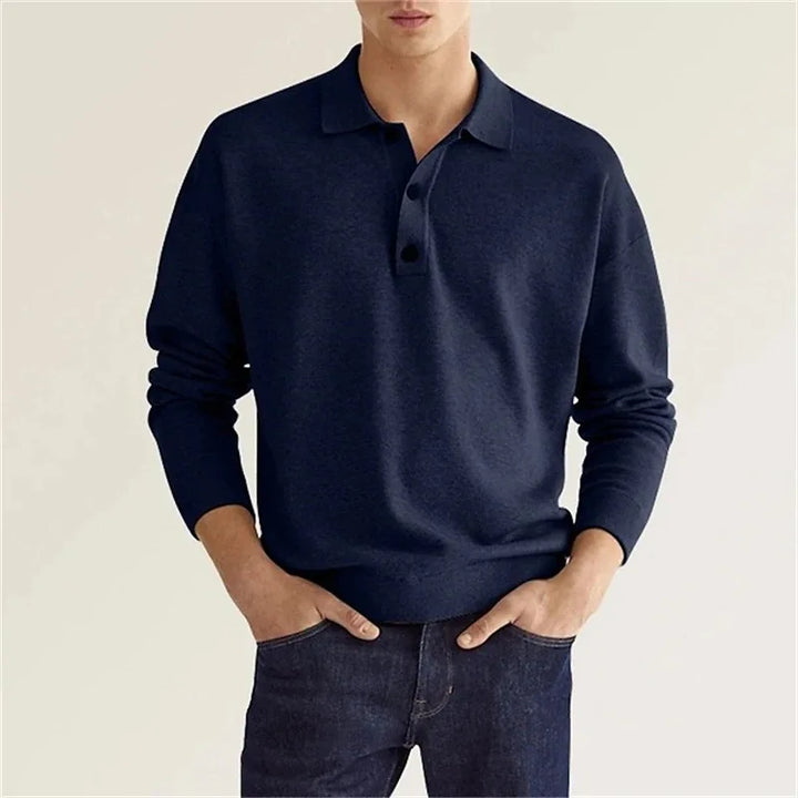 Close-up of a men's versatile long sleeve knit polo shirt in a neutral color, showcasing knit texture