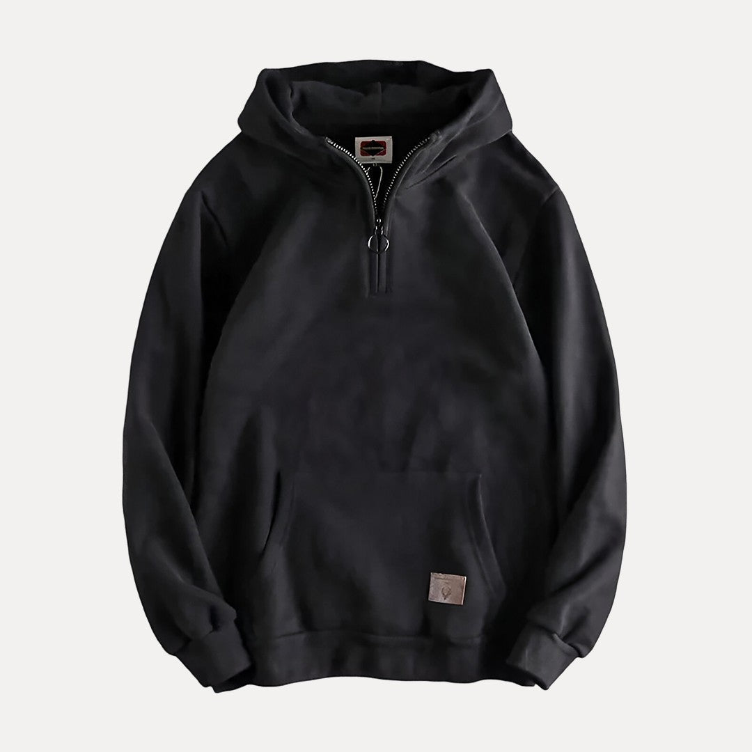 Pullover men's hooded sweatshirt with long sleeves and half-zip detail, great for casual wear and comfort.