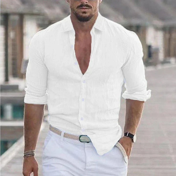 Men's casual long sleeve button-up shirt, shown styled for a comfortable, lightweight spring or summer look.